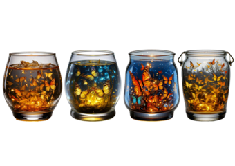Set Butterfly flying in a glass bottle isolated on transparent or white background