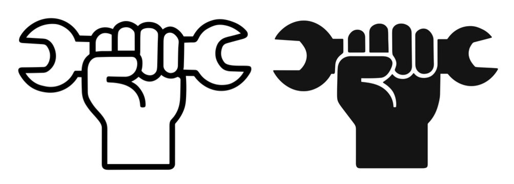 Illustration of two hands gripping wrenches, one in outline and the other in solid black design style