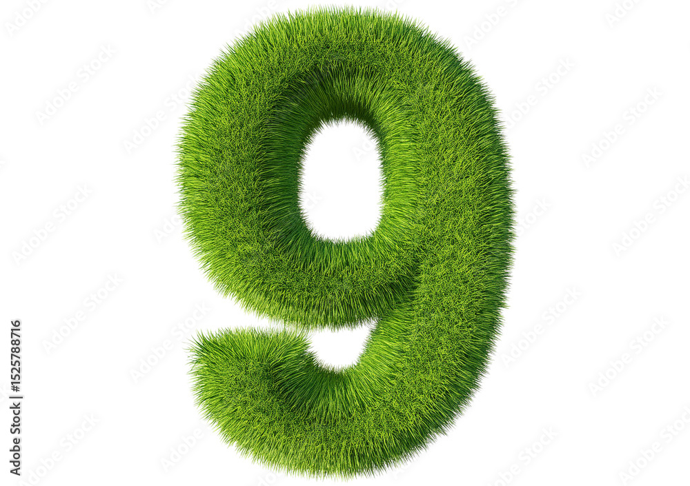 Poster grass font 3d rendering number 9 isolated on a transparent or white background