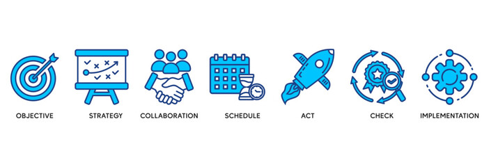 Action plan icon set vector illustration concept relate to objective, strategy, collaboration, schedule, act, launch, check, and implementation