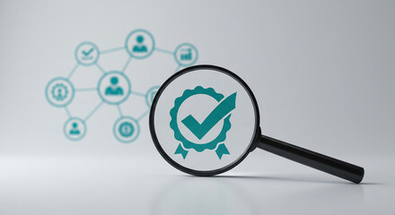 Magnifying Glass Over Quality Assurance Icons, Certification and Standard Compliance Concept