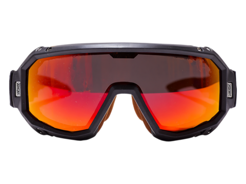 A close up of black framed goggles with red tinted lenses