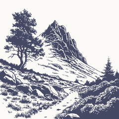 Mountain with pine trees and landscape black on white background. Hand drawn rocky peaks in sketch style. Vector illustration.