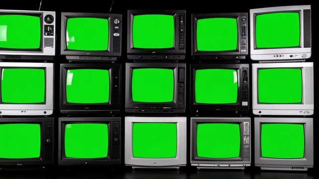Stack of retro television sets with green screens, vintage analog TV receivers for chroma key compositing against a black background.