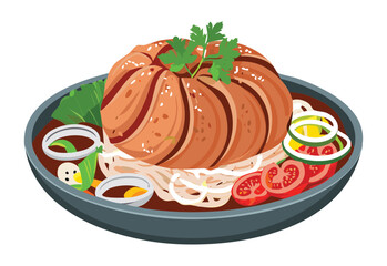 Hearty Meat Patty Meal with Noodles - Vector Illustration