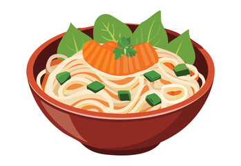 Delicious Noodle Bowl with Fresh Herbs - Vector Illustration