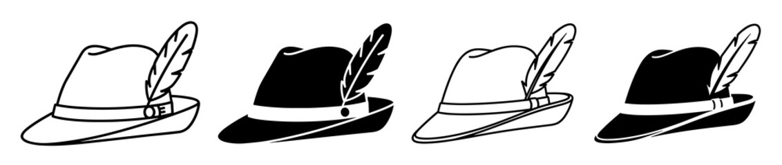 Four traditional tyrolean hats with feathers in black and white line art style in a row design showing