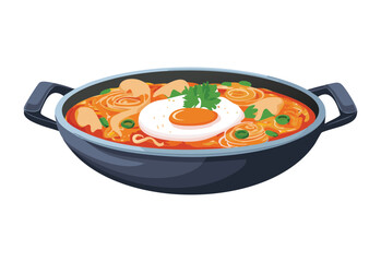 Hot Noodle Soup with Fried Egg - Vector Illustration