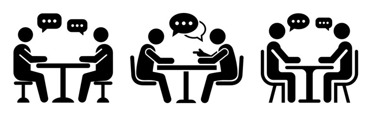 Illustration showing people sitting at tables and talking with speech bubbles above their heads