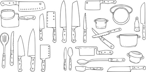 Vintage illustration of kitchen utensils including fork, knife, and tongs
