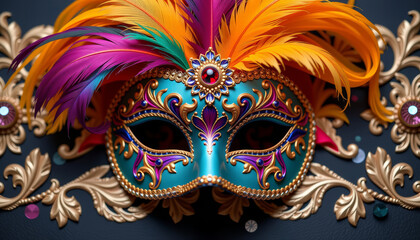 Fototapeta premium Fancy party mask with vibrant feathers and intricate designs, perfect for celebrations and festive occasions
