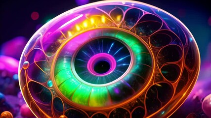 Abstract ethereal colorful eye with neon purple pupil and iridescent green, gold, and magenta rings in a cosmic dreamy landscape - Powered by Adobe