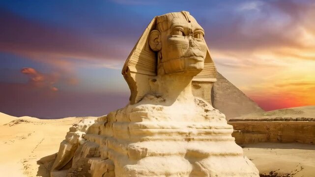 Close-up of ancient weathered Sphinx statue in sandy desert at sunset with brilliant yellow and orange sky, pyramids in background