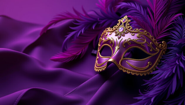 Festive masquerade mask adorned with feathers on purple fabric, creating vibrant and elegant atmosphere