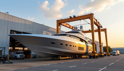 Fototapeta premium Modern yacht maintenance facility with large luxury yacht under crane, showcasing advanced technology and craftsmanship