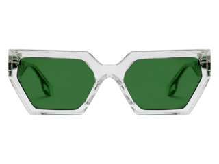 A close up of clear sunglasses with green tinted lenses