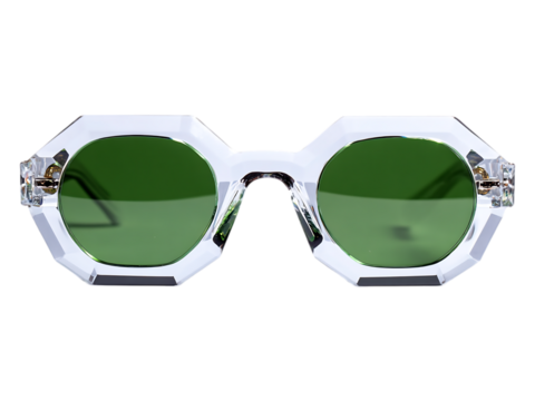 Close up of white framed sunglasses with green tinted lens