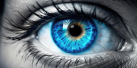 Obraz premium Detailed blue eye macro shot with intricate eyelashes and subtle pupil movement, eye anatomy, close-up
