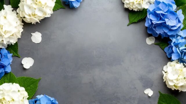 Elegant floral arrangement of white and blue hydrangea blossoms with green leaves framing a neutral gray textured background.