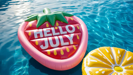 Hello July! A pink and red strawberry-shaped inflatable mattress with greeting text and yellow lemon-shaped pool float arranged in crystal-clear turquoise water. 