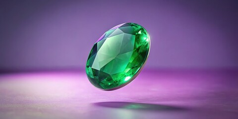 Fototapeta premium Oval emerald gemstone suspended in mid-air against a soft light lavender background