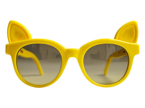 Yellow cat ear sunglasses closeup isolated on white or tansparent background.