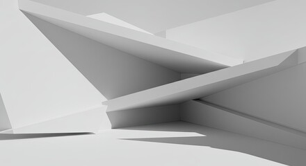 Abstract architectural forms in monochrome.  A 3D rendering of geometric shapes and planes, creating an impression of modern architecture.  Soft shadows enhance the interplay of light and form