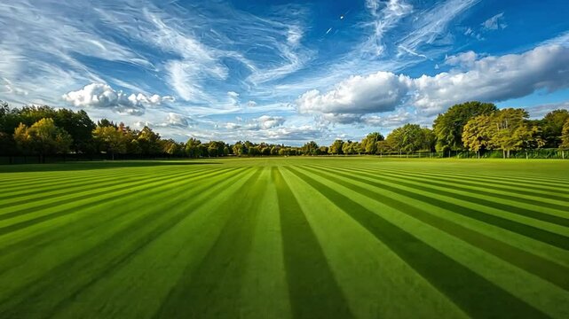 Striped Green Field Under a Blue Sky
