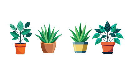 Cartoon Illustration Four Different Potted Plants Isolated on a White Background