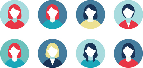 Fototapeta premium Collection of Eight Flat Vector Female Avatars Diverse Icons for Web and Design Projects