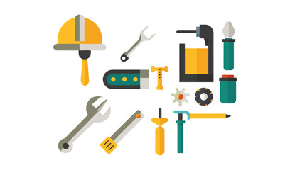 Obraz premium Flat Illustration of Construction and Repair Tools on White Background, Including Helmet, Drill