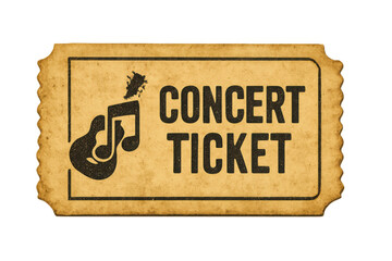 Vintage concert ticket with musical notation, displaying aged texture against transparent background, symbolizing musical memories