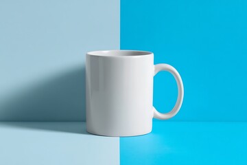 Obraz premium A White Coffee Mug Placed On A Two Toned Blue Background, Product Mockup, Customizable Design, Branding Opportunity