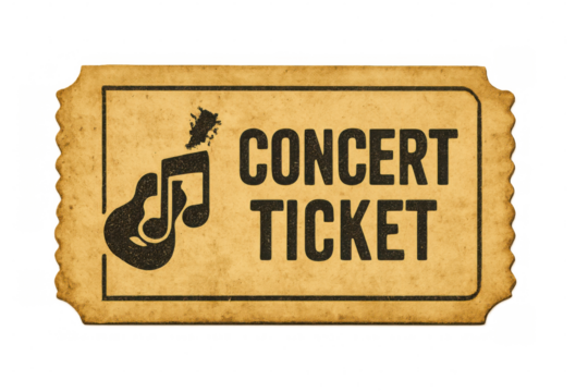 Vintage concert ticket with musical notation, displaying aged texture against transparent background, symbolizing musical memories