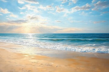 Obraz premium Serene beach scene with gentle ocean waves under a radiant sun partially covered by scattered clouds, reflecting a calm and peaceful atmosphere