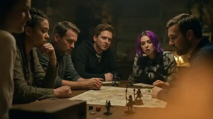 Group of friends engaged in a tabletop role-playing game session in a cozy, dimly-lit room