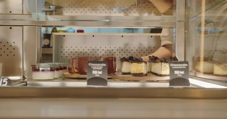 A tempting selection of cheesecakes, from classic to fruit-topped, presented in a sleek,stainless steel bakery display. A glimpse of a staff member arranging the desserts adds a behind-the-scenes feel