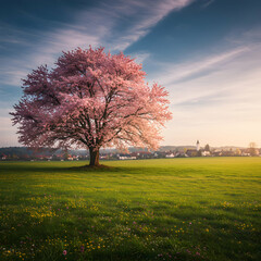 Obraz premium Pink Cherry Blossom Tree in Spring Meadow Landscape Photography