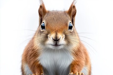 Obraz premium close-up of a curious brown squirrel looking directly at the camera with bright eyes and detailed fur against a white background