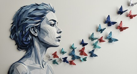 A woman's profile, rendered in layered paper cutouts, is depicted with a multitude of origami butterflies drifting away