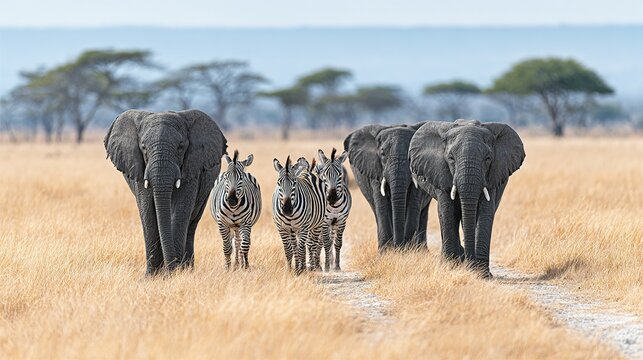 Elephants and zebras walking in a savanna.