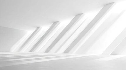 Obraz premium Bright minimalist interior with large angled windows casting soft shadows on white floor and walls creating an airy and modern atmosphere