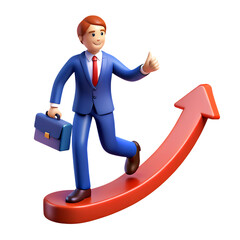 3D businessman running with arrow and graph, symbolizing success, leadership, and competition in business direction