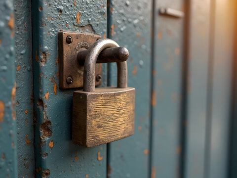 Old Rusty Padlock Securing a Weathered Green Door