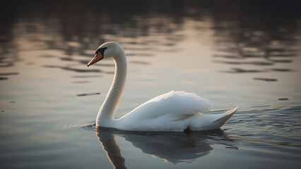 Naklejka premium Elegant Swan Gliding on Serene Lake at Dawn
