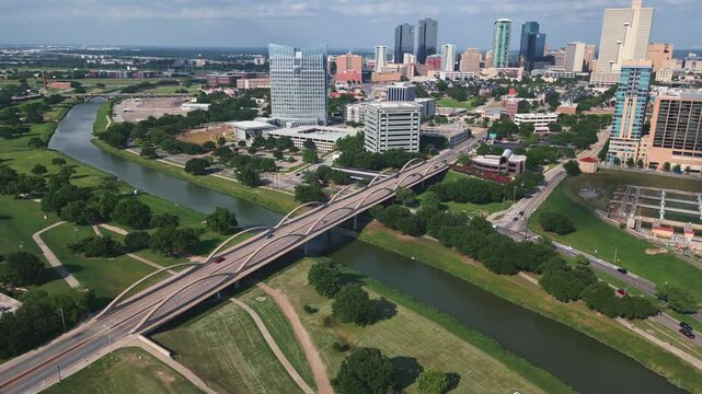 Aerial of Fort Worth Texas Skyline and Trinity River Bridge