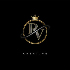 RV Luxury Creative Logo – Elegant Gold Monogram Letter mark with Crown, Circle & Royal Style for Fashion, Boutique, Jewelry, Branding & Premium Identity Design