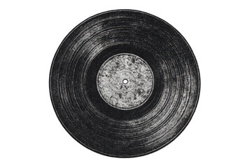 Black vinyl record with visible scratches and dust, isolated on transparent background, representing vintage music and analog sound