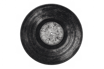 Black vinyl record with visible scratches and dust, isolated on transparent background, representing vintage music and analog sound