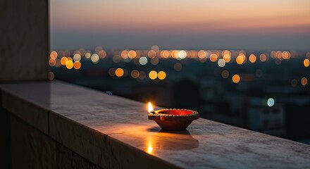 A warm flame against a city skyline
